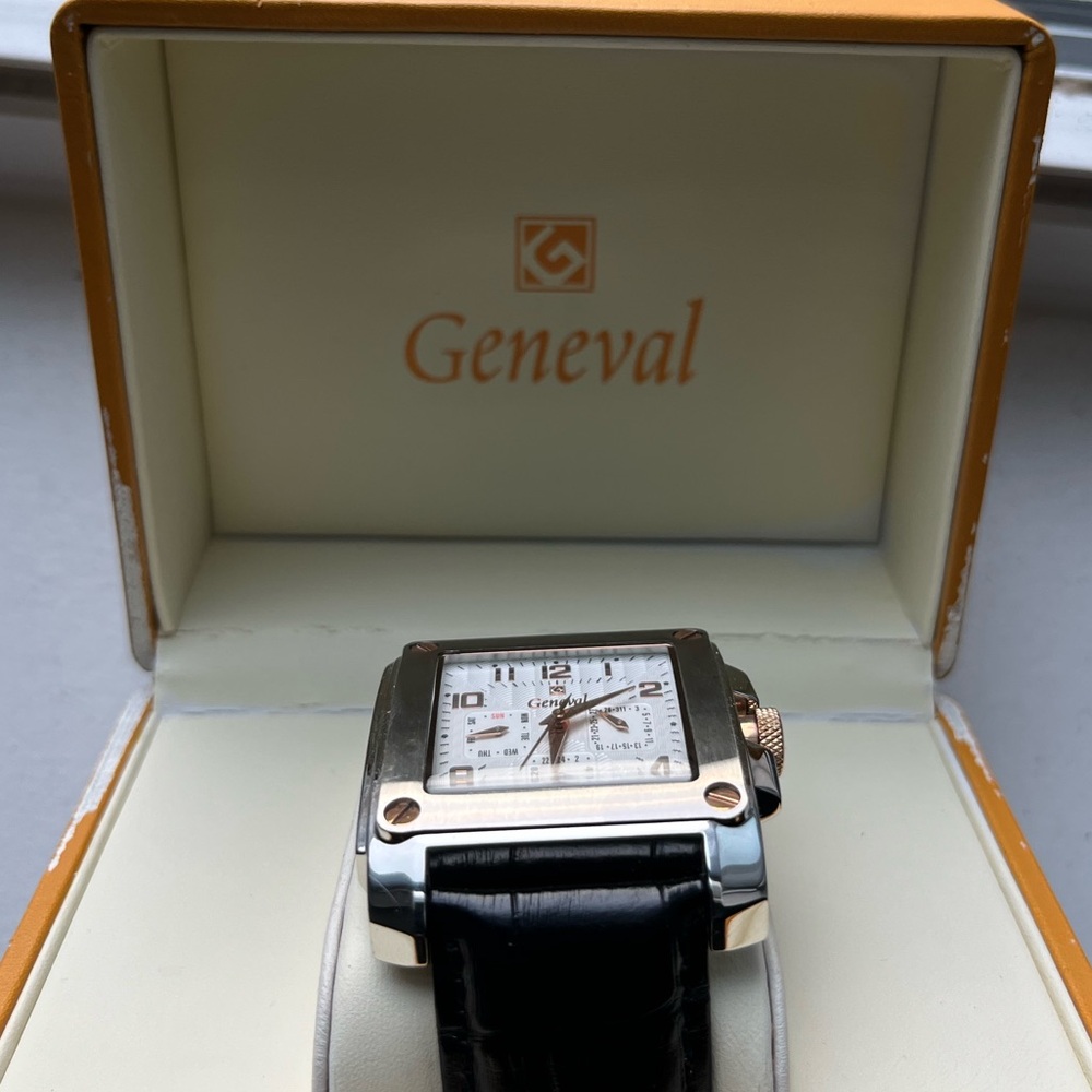 Geneval Square Face Watch with Black Leather Strap